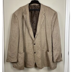 Oak Hill Blazer Mens 64R Linen Blend Brown Beige Herringbone Sports Coat Pockets